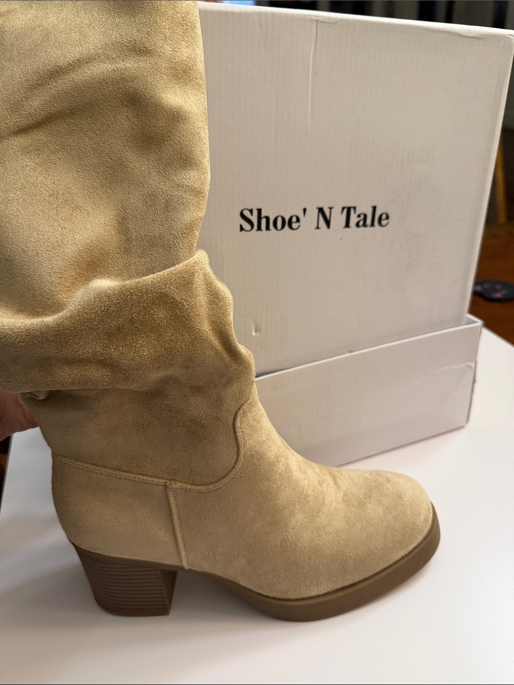 Beige Suede Mid-Calf Heeled Boot